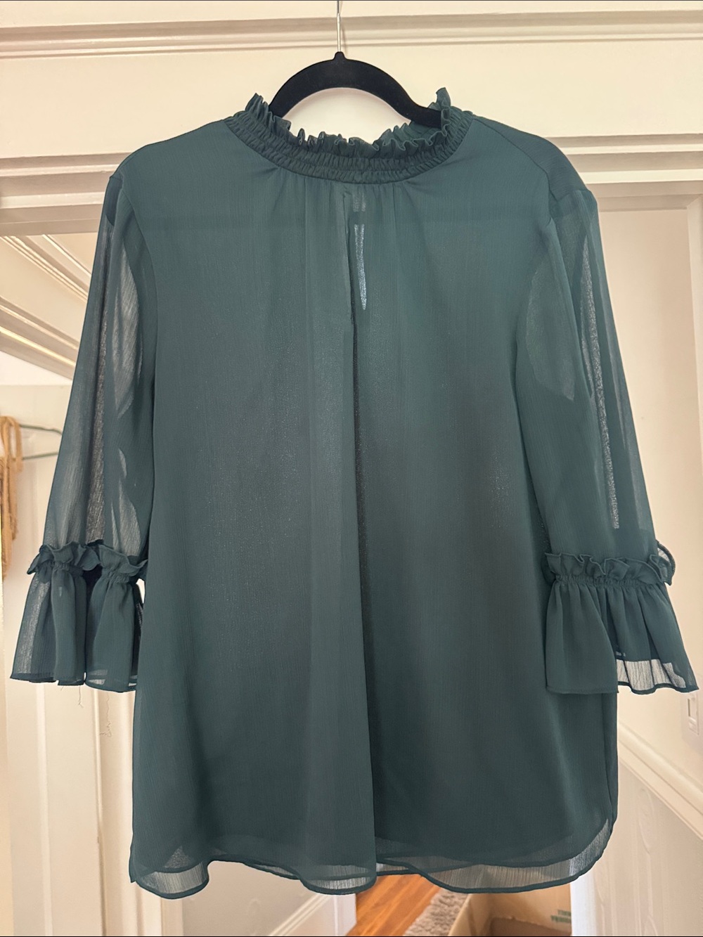 Ann Taylor Teal Ruffled Neck Sheer Blouse